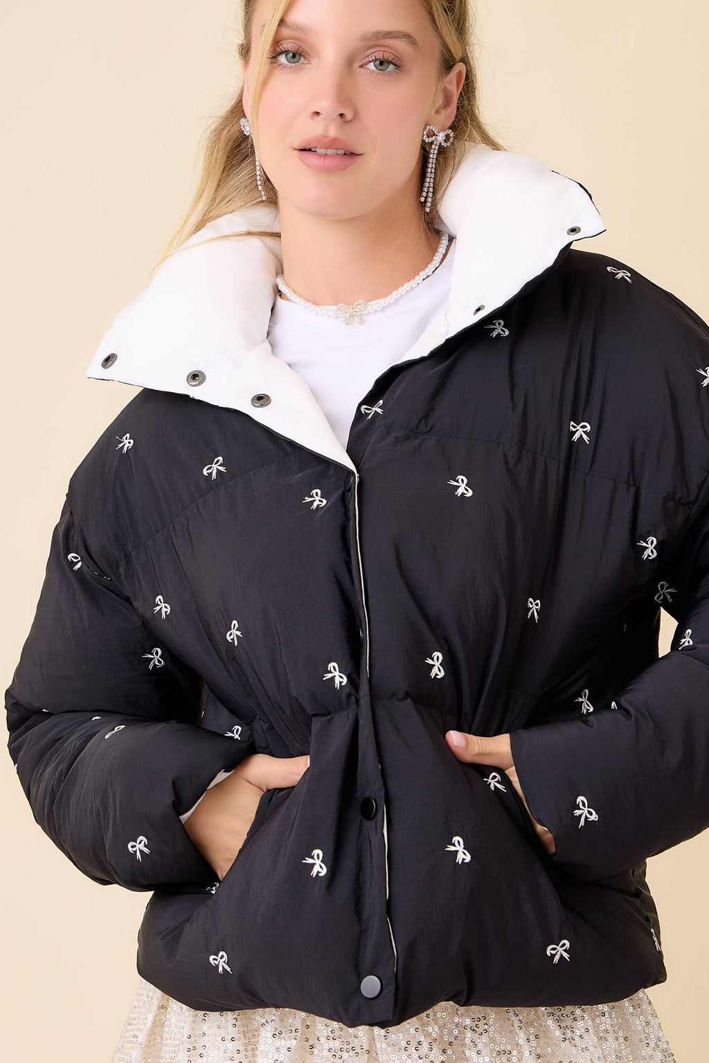 Black Bow Embroidered Puffer Jacket
