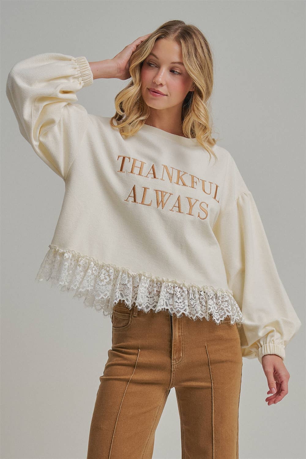 Thankful Always Lace Trim Sweatshirt