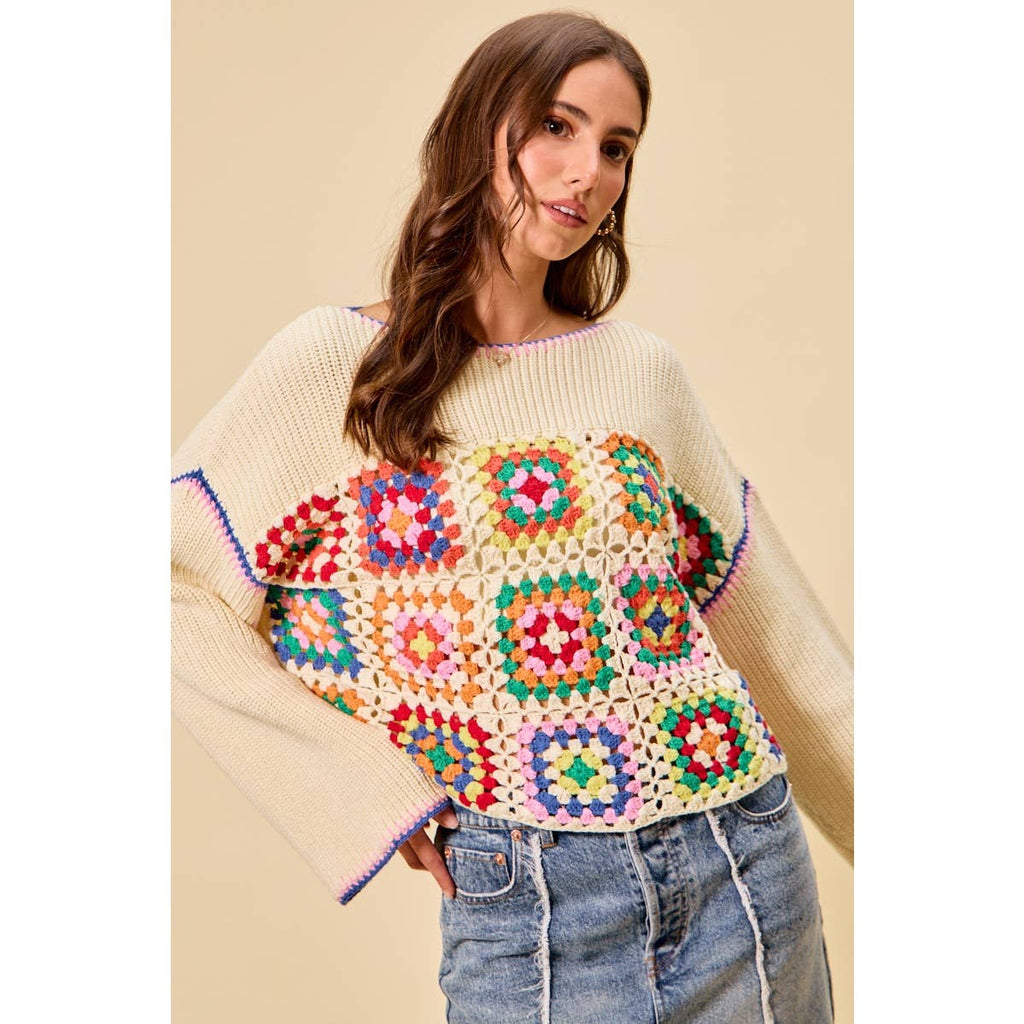 Multicolor Square Crochet Sweater Top