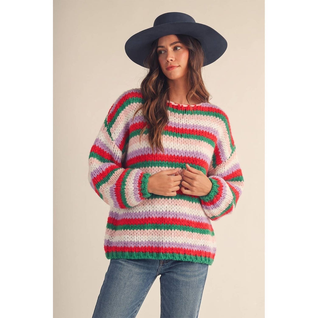 Merry Stripes Christmas Balloon Sleeve Sweater
