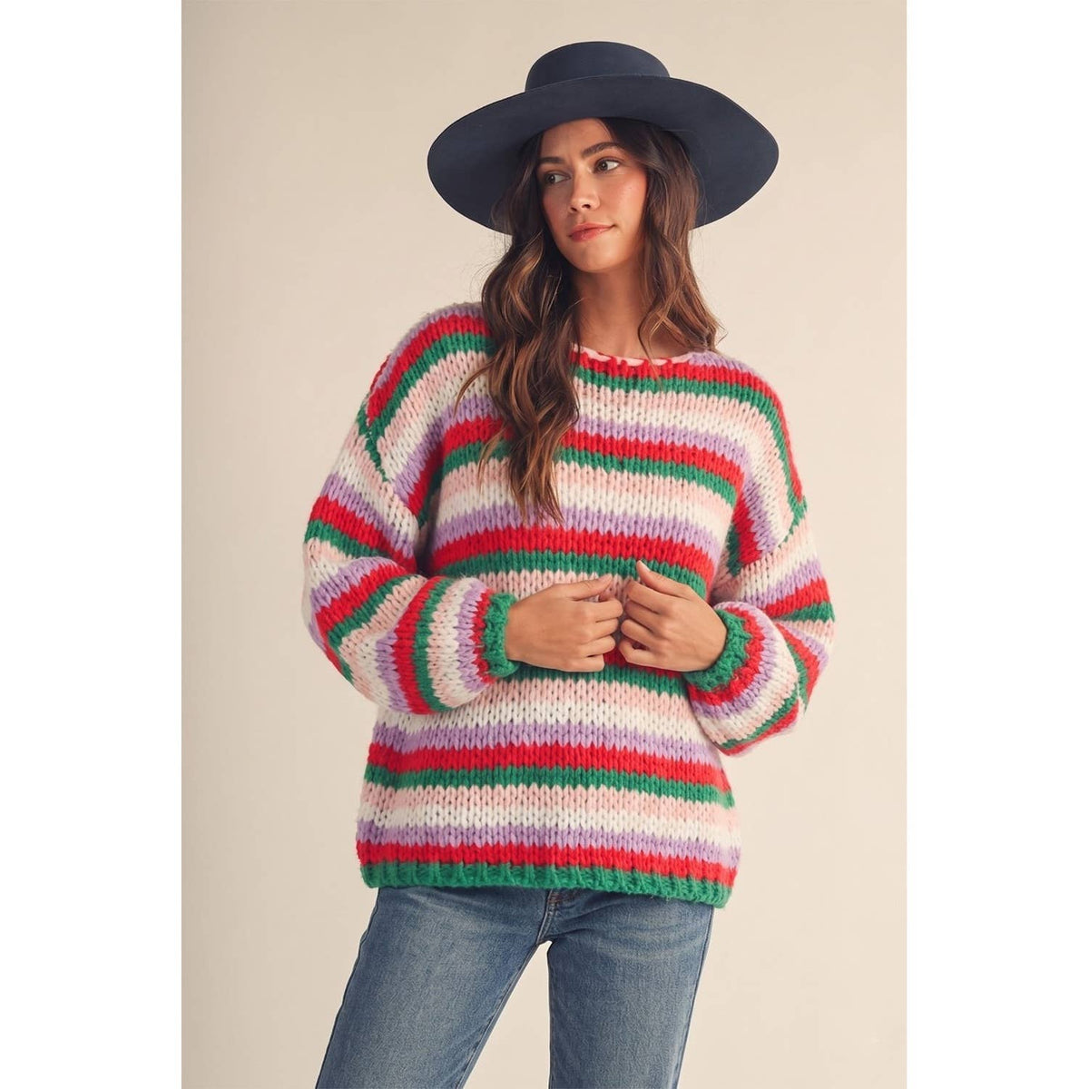 Merry Stripes Christmas Balloon Sleeve Sweater