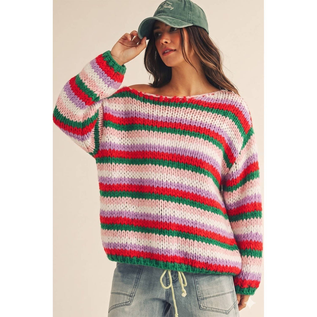 Merry Stripes Christmas Balloon Sleeve Sweater