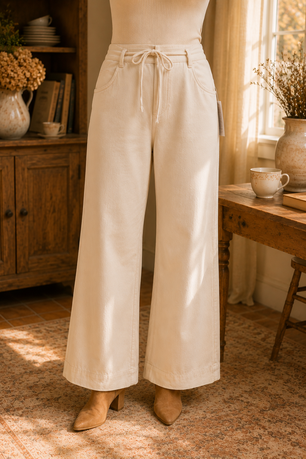 Drawstring Waist Wide Leg Cream Knit Pants