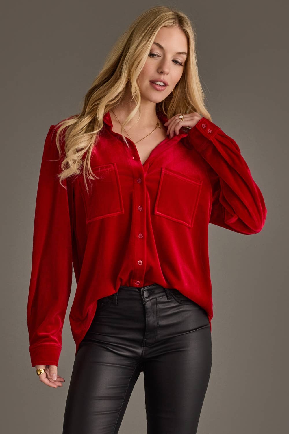 Ruby Red Velvet Button Up