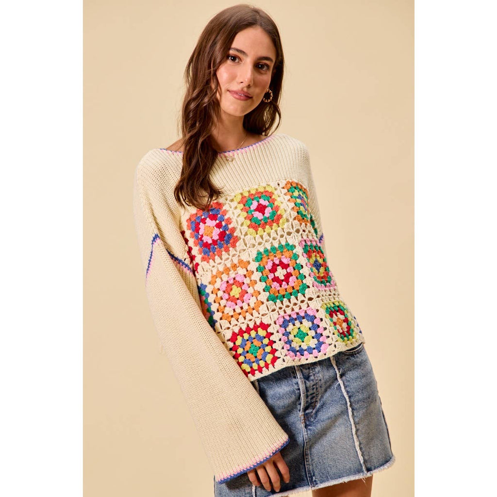 Multicolor Square Crochet Sweater Top