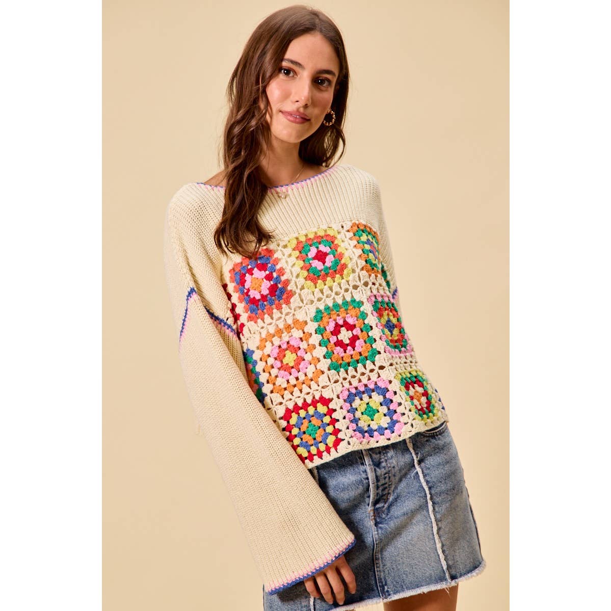 Multicolor Square Crochet Sweater Top