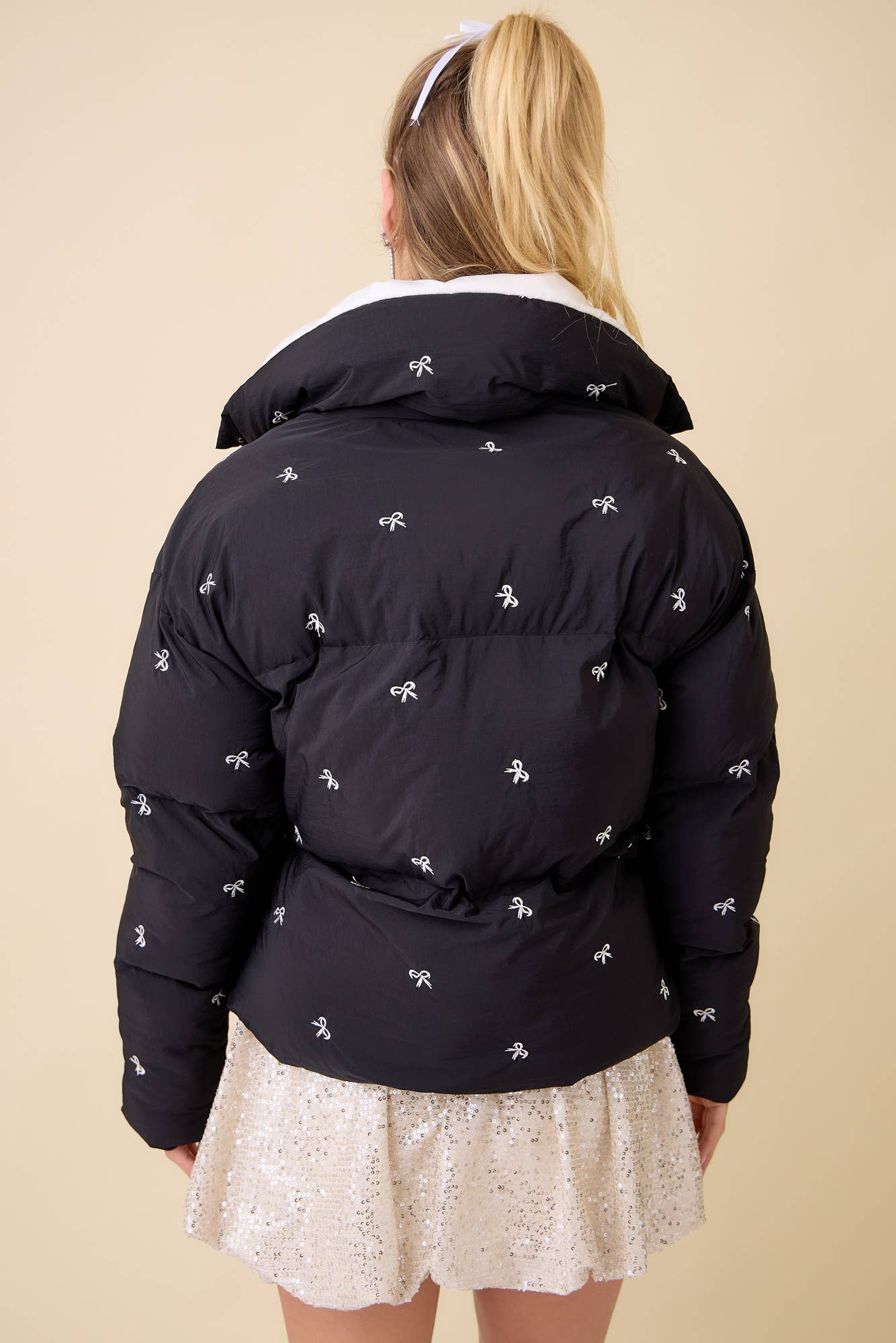 Black Bow Embroidered Puffer Jacket