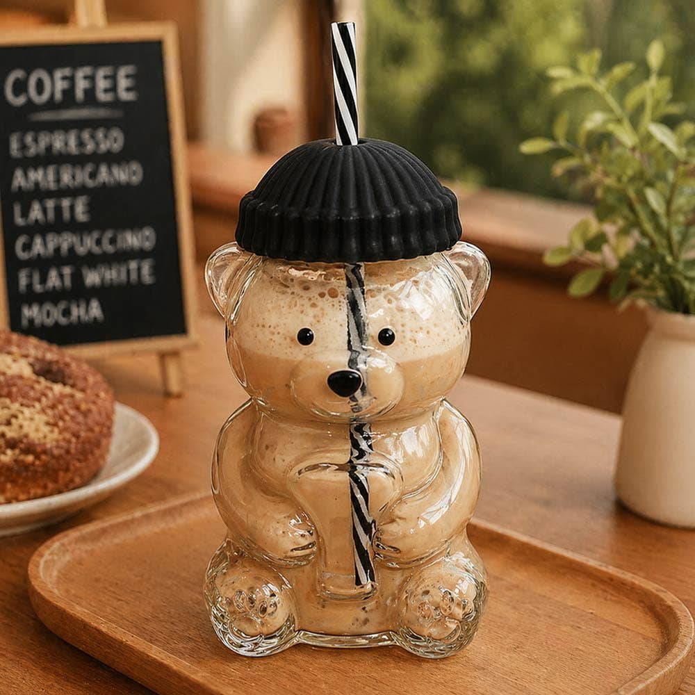 Bear Glass Tumbler with Straw