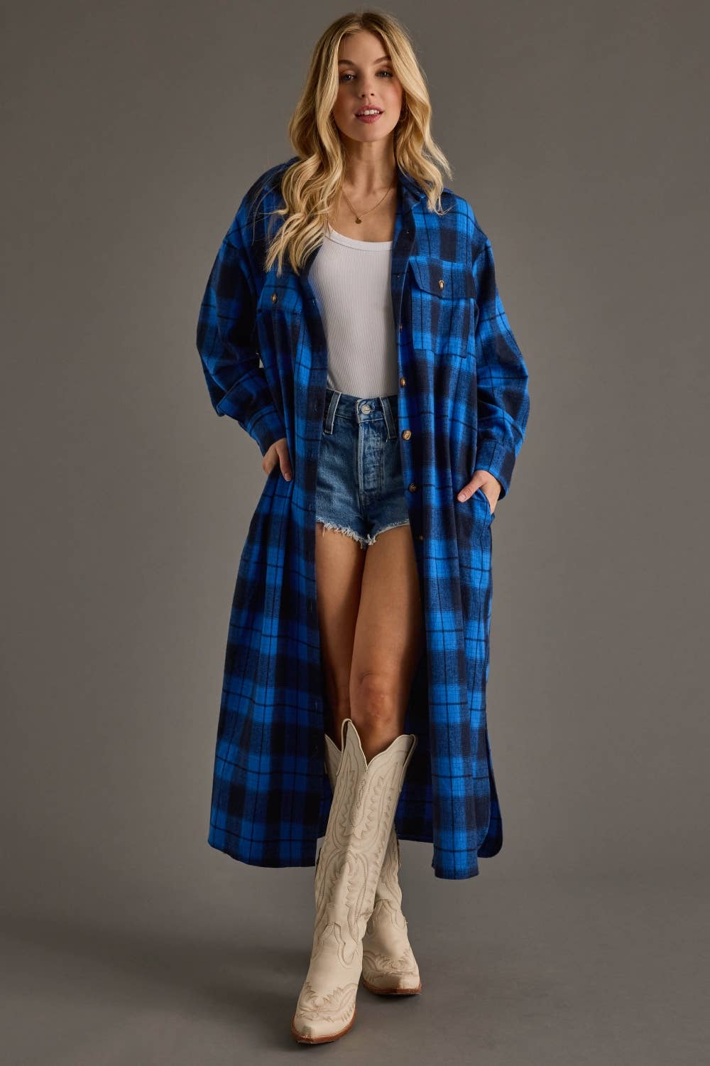 Blue & Black Plaid Long Shacket