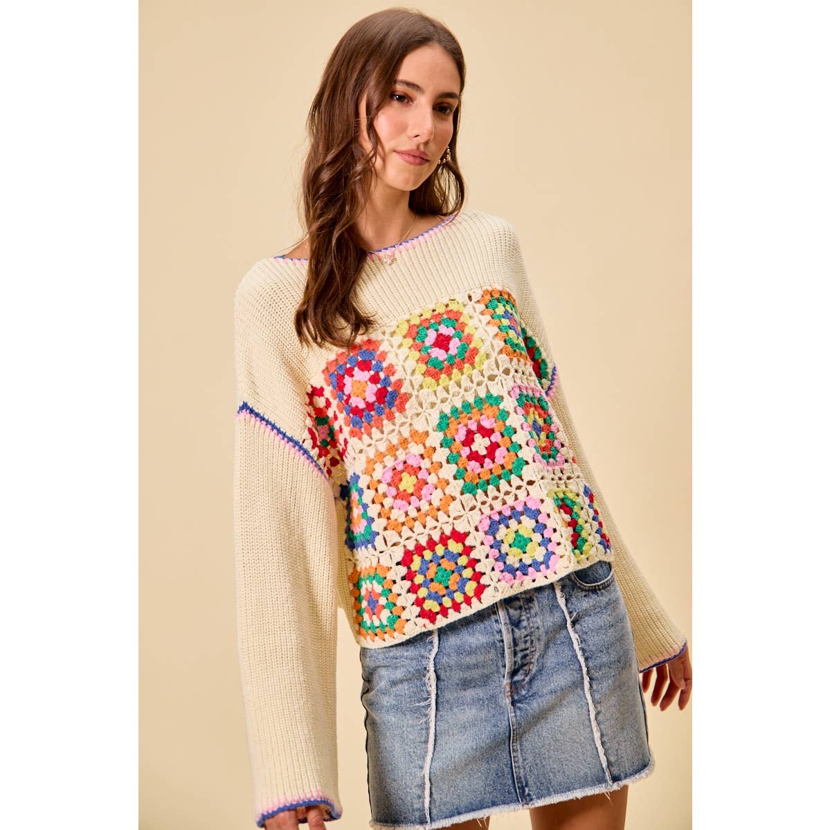 Multicolor Square Crochet Sweater Top