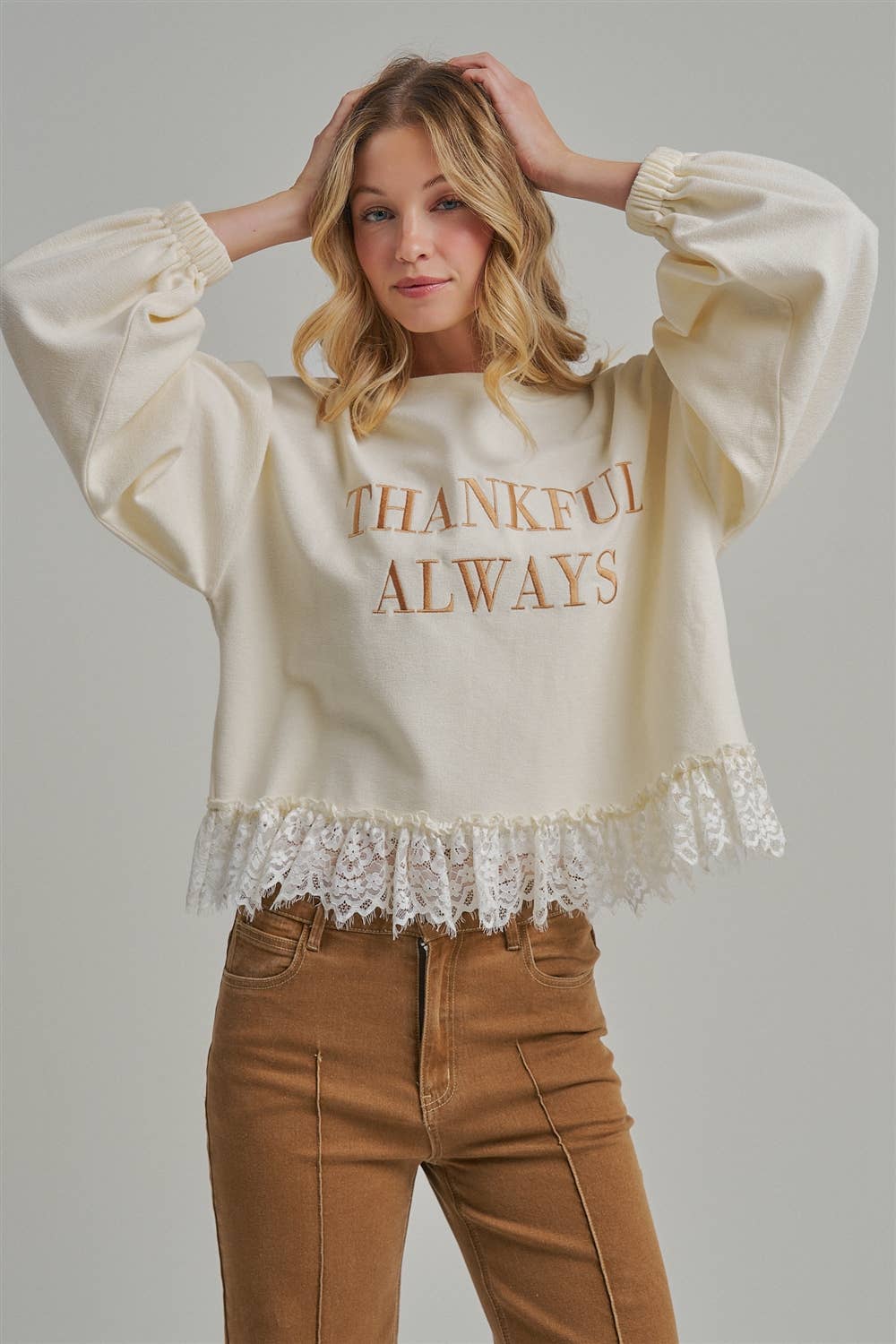 Thankful Always Lace Trim Sweatshirt