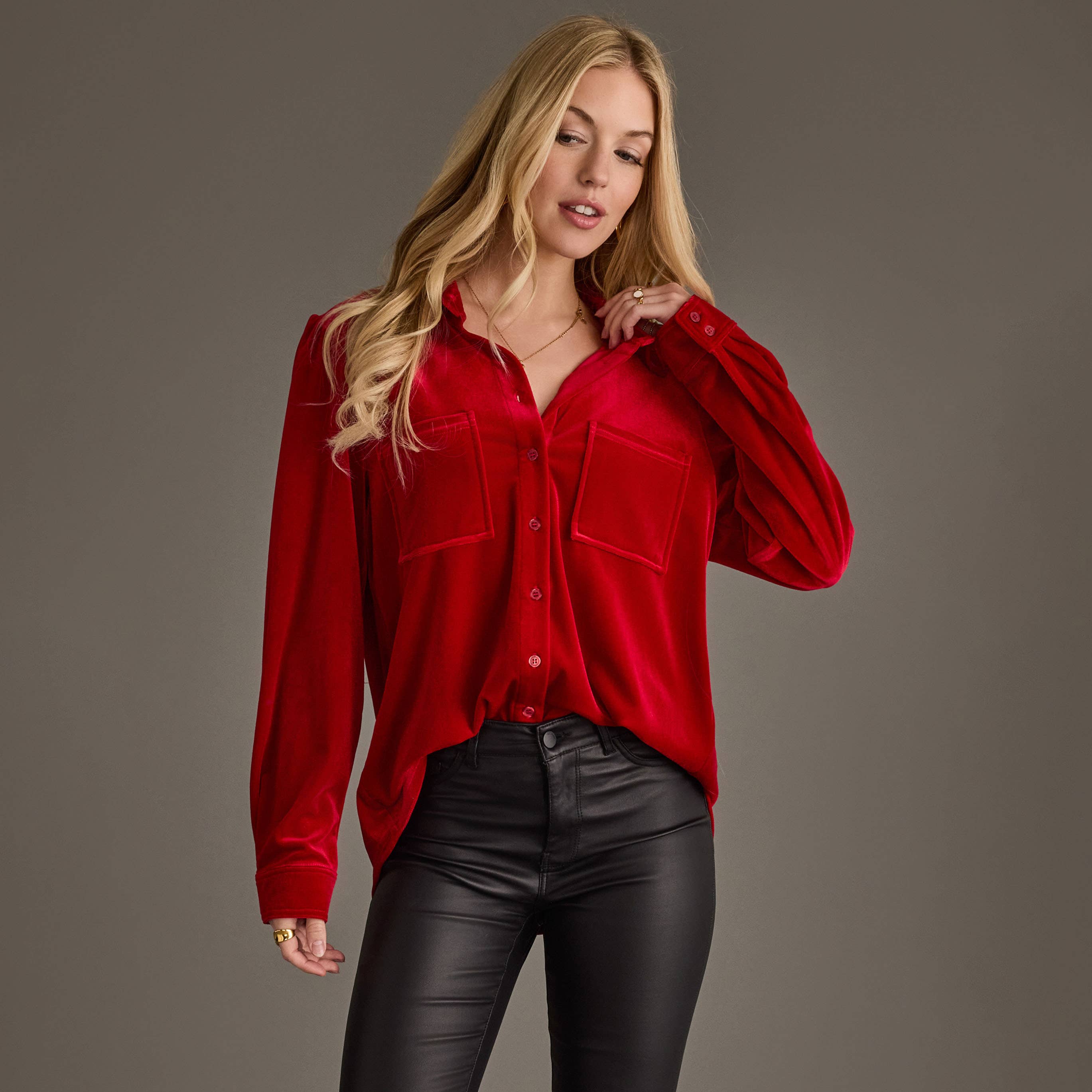 Ruby Red Velvet Button Up