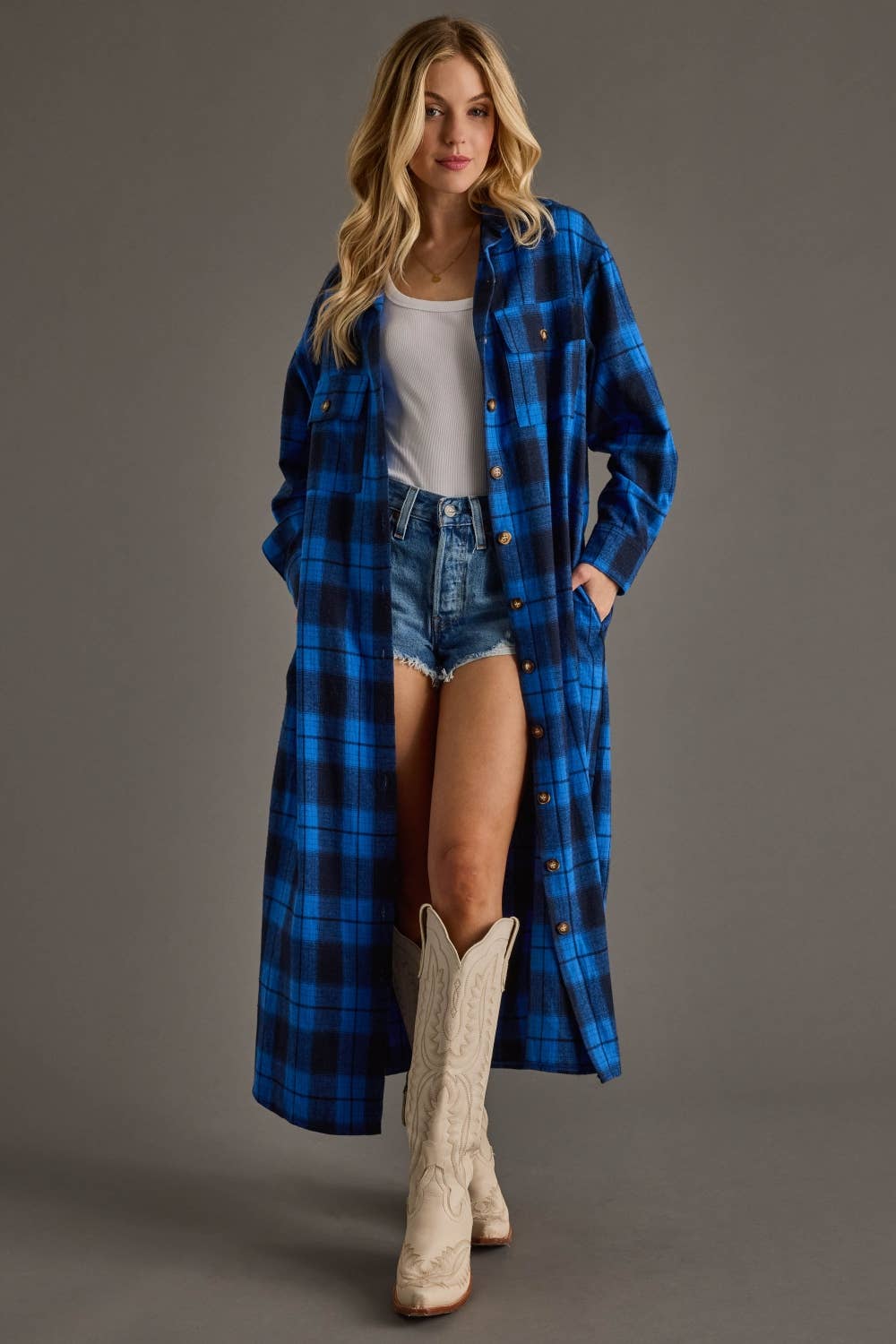Blue & Black Plaid Long Shacket