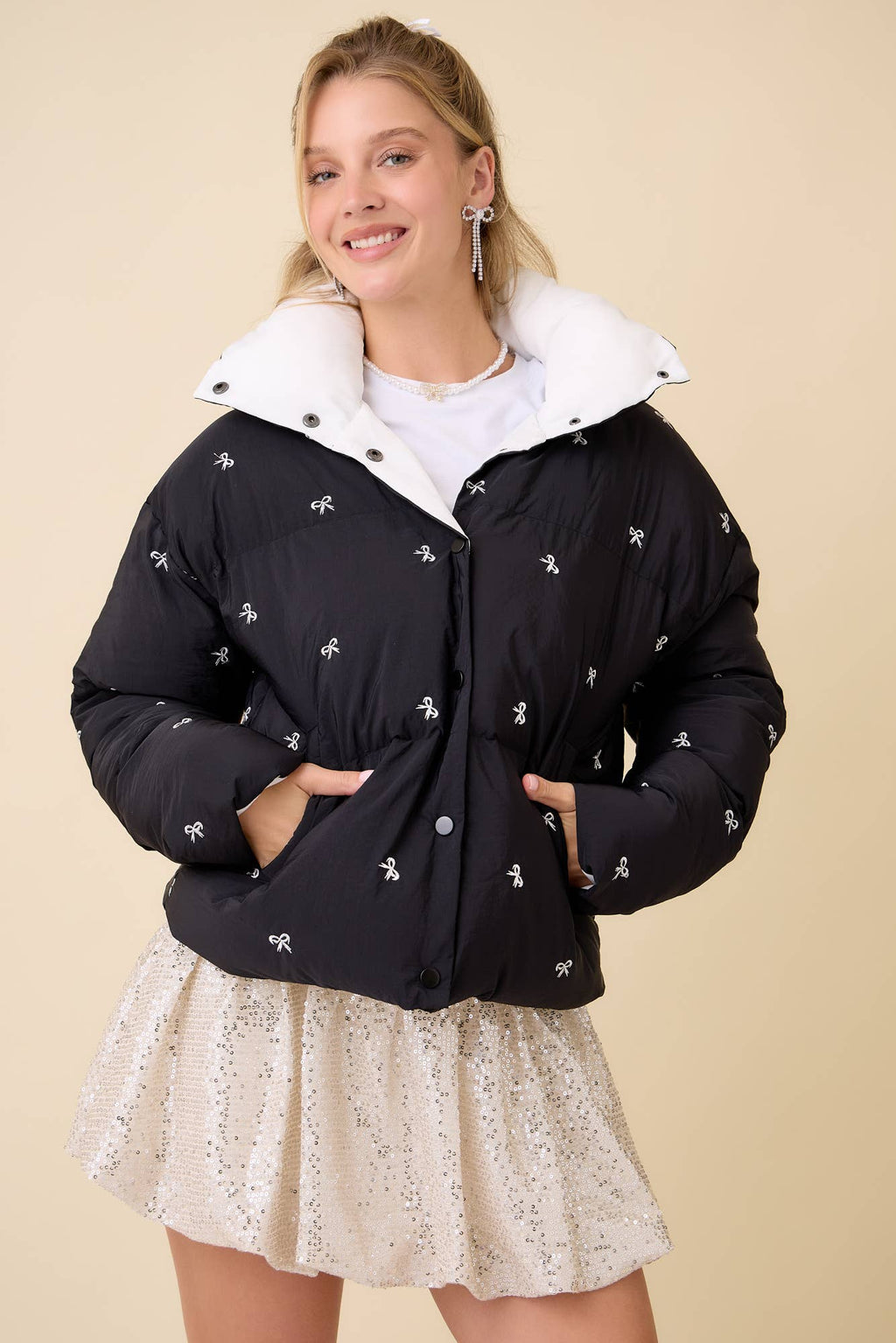 Black Bow Embroidered Puffer Jacket