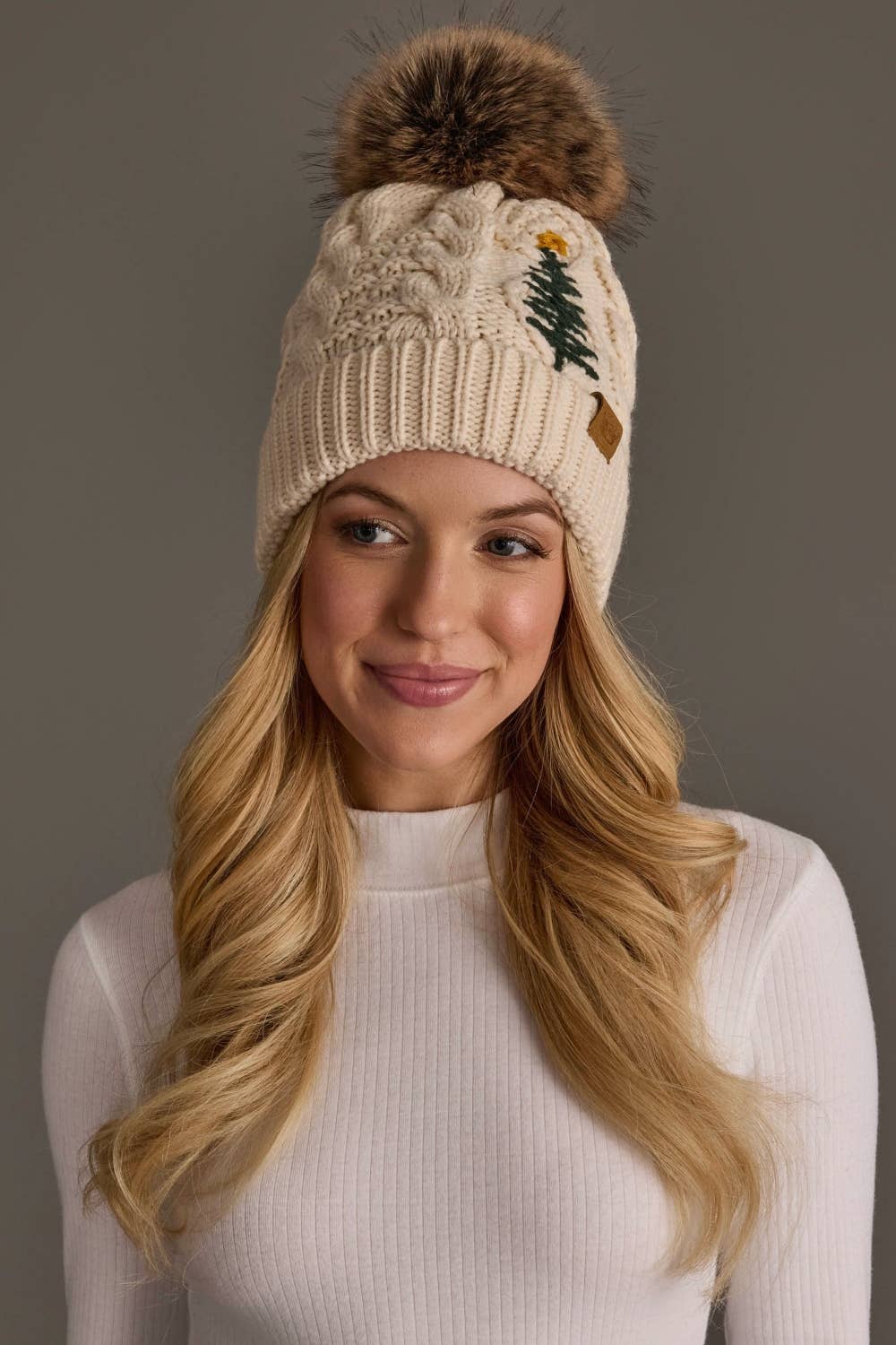Embroidered Christmas Tree Cable Knit Pom Beanie