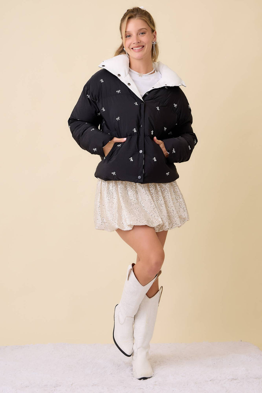 Black Bow Embroidered Puffer Jacket