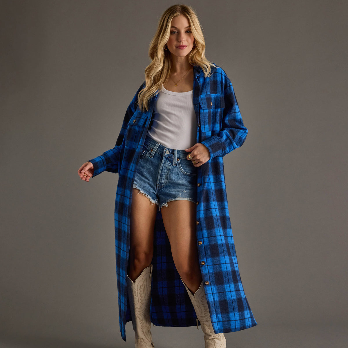 Blue & Black Plaid Long Shacket