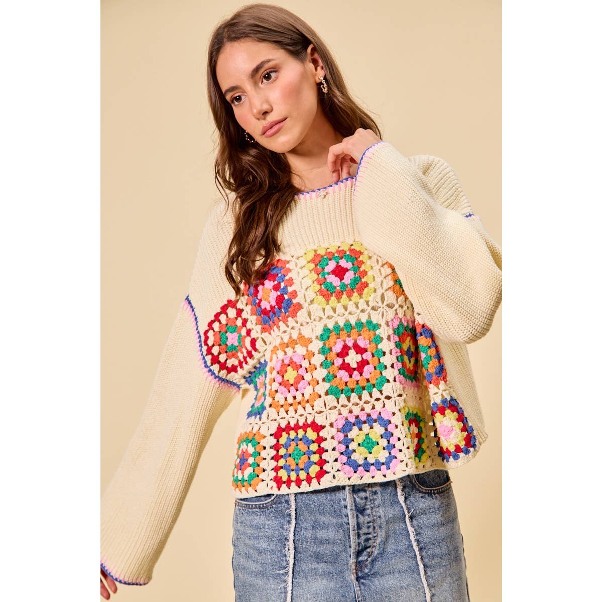 Multicolor Square Crochet Sweater Top