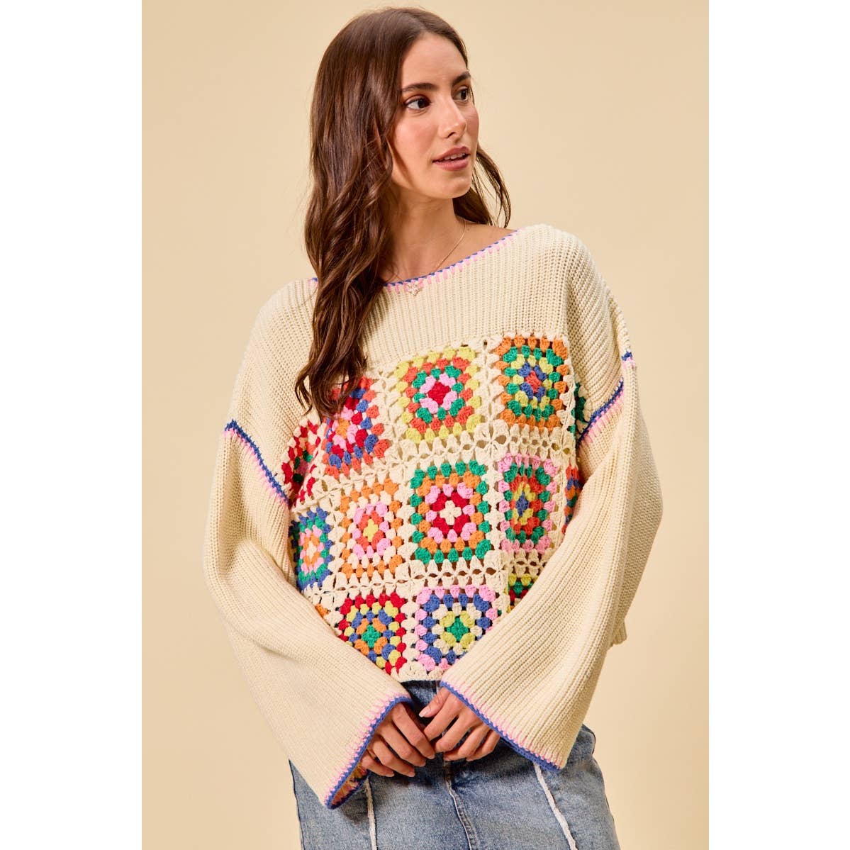 Multicolor Square Crochet Sweater Top
