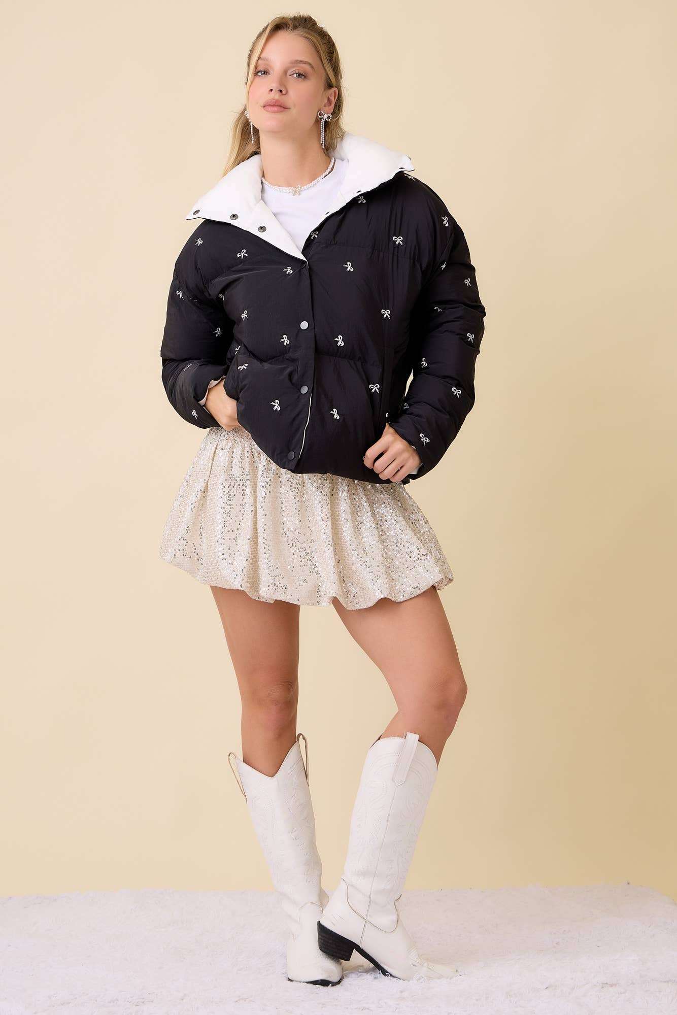 Black Bow Embroidered Puffer Jacket