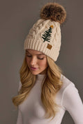 Embroidered Christmas Tree Cable Knit Pom Beanie