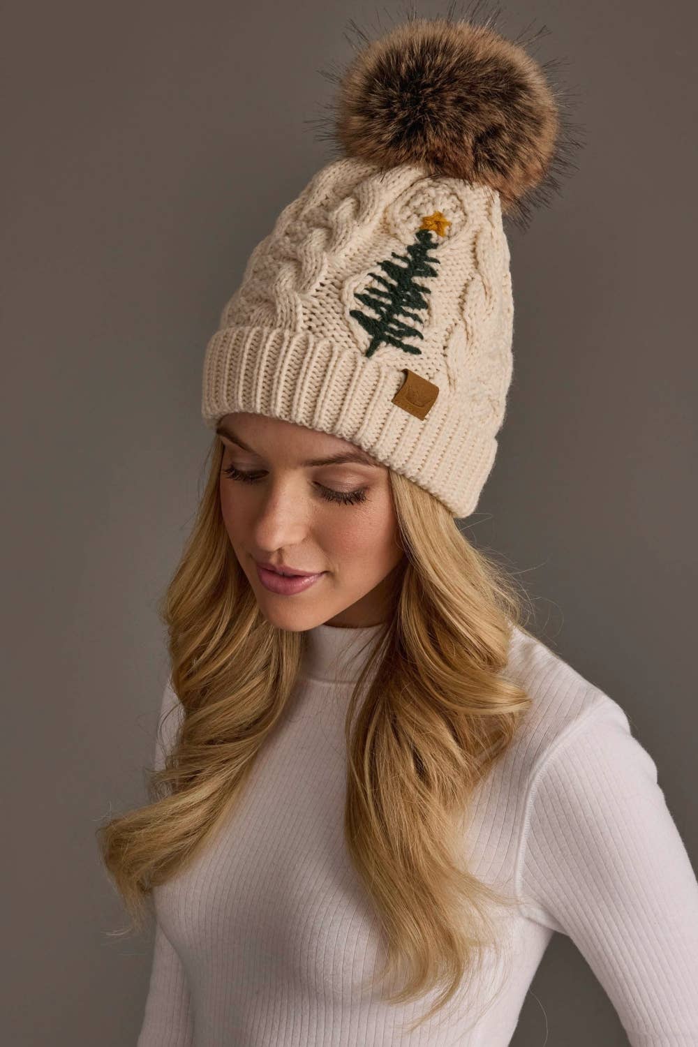 Embroidered Christmas Tree Cable Knit Pom Beanie