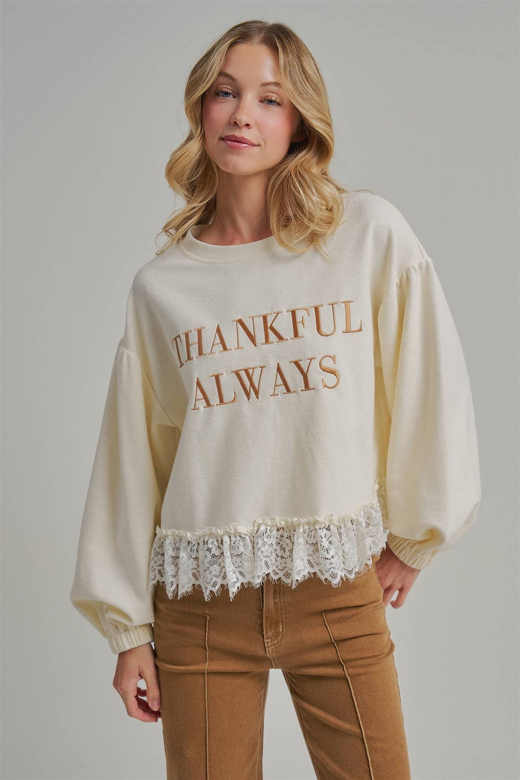 Thankful Always Lace Trim Sweatshirt