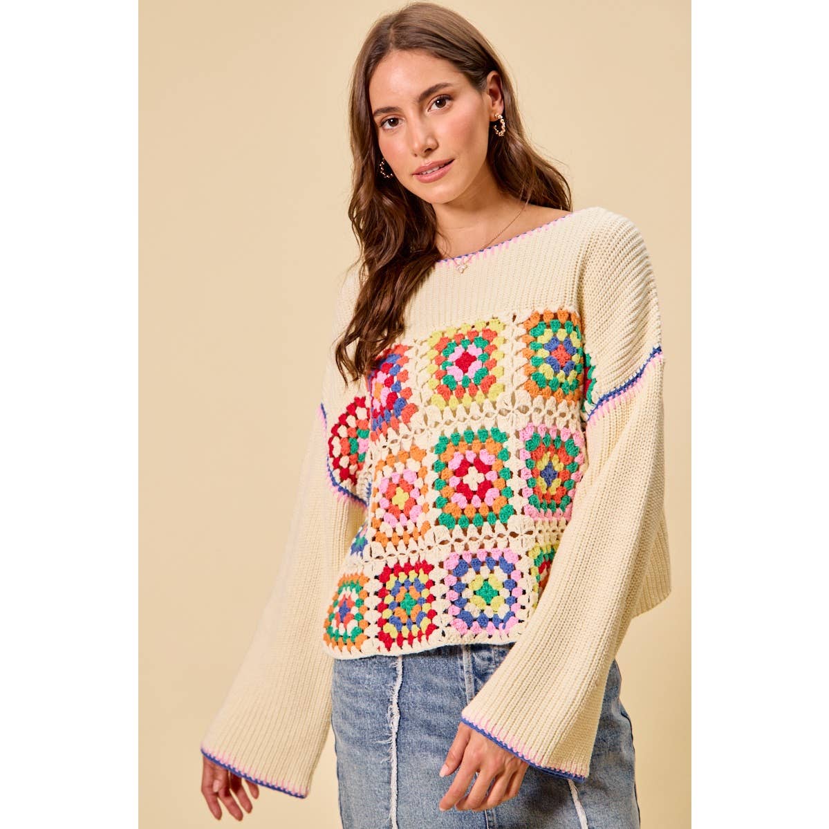 Multicolor Square Crochet Sweater Top