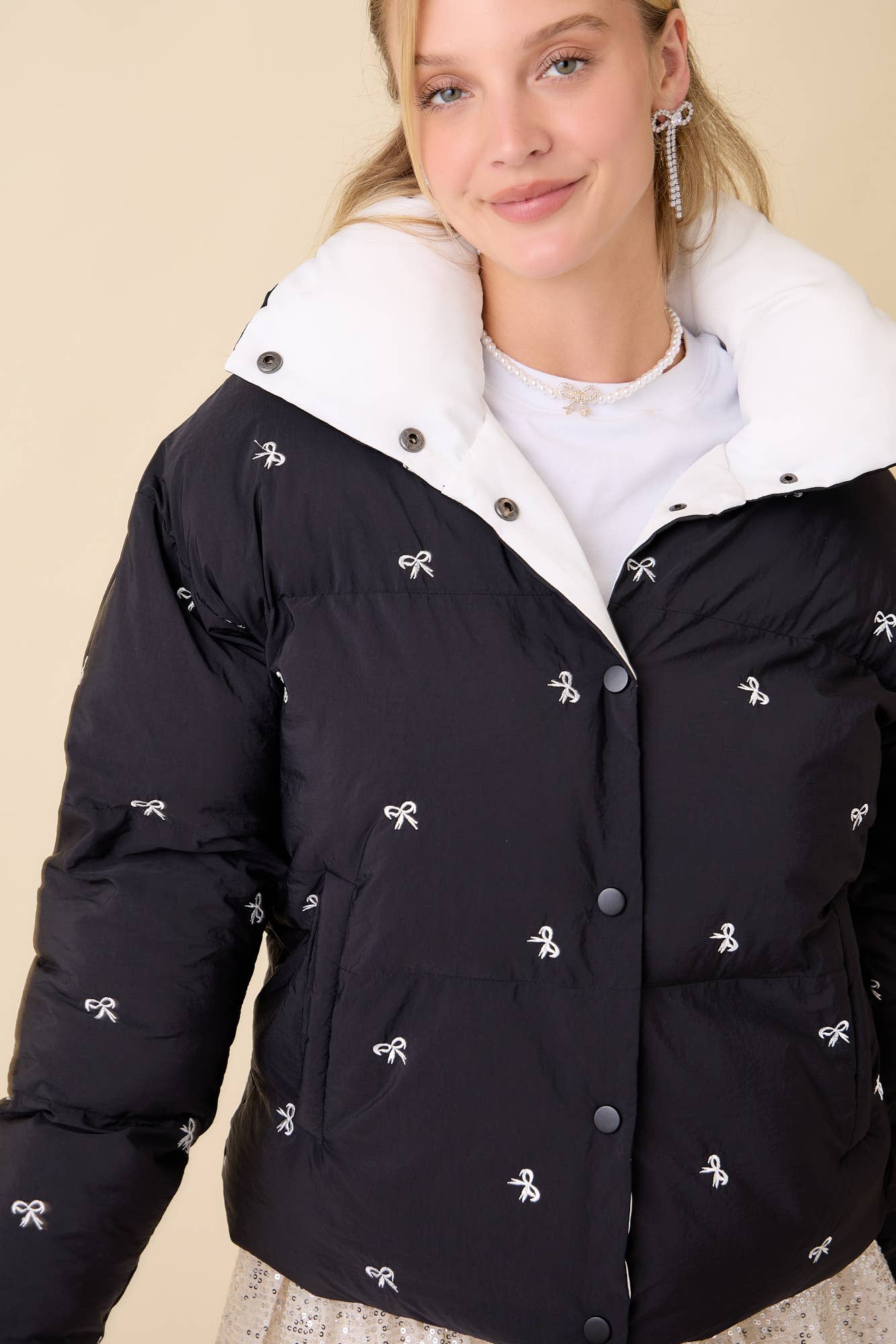 Black Bow Embroidered Puffer Jacket