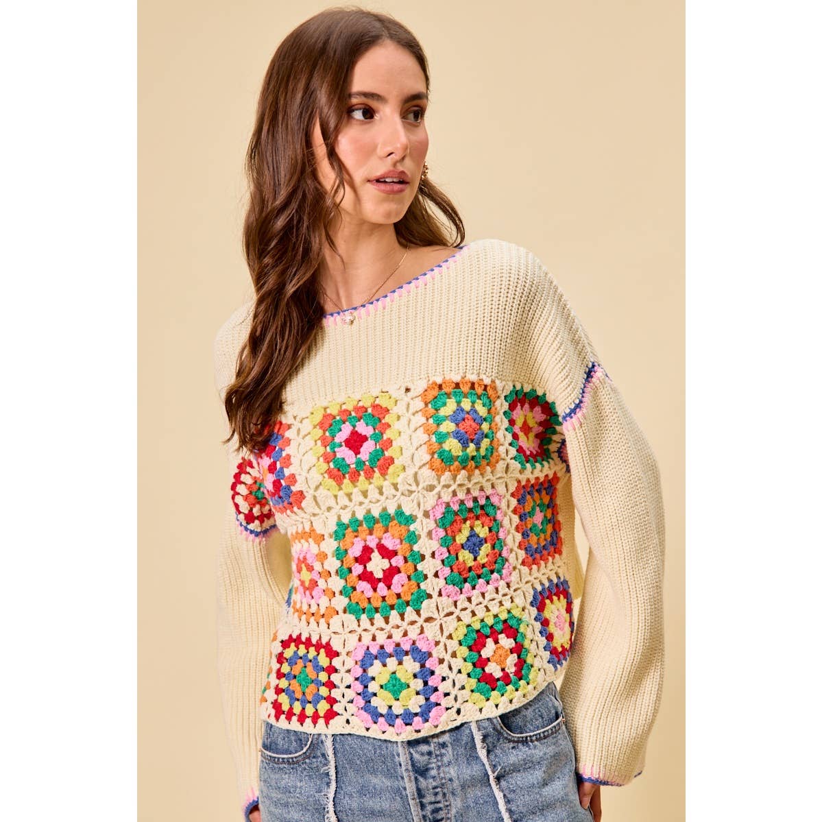 Multicolor Square Crochet Sweater Top