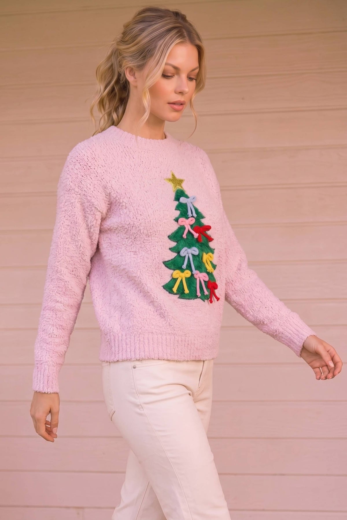 Christmas Tree Bow Appliqué Cozy Knit Sweater