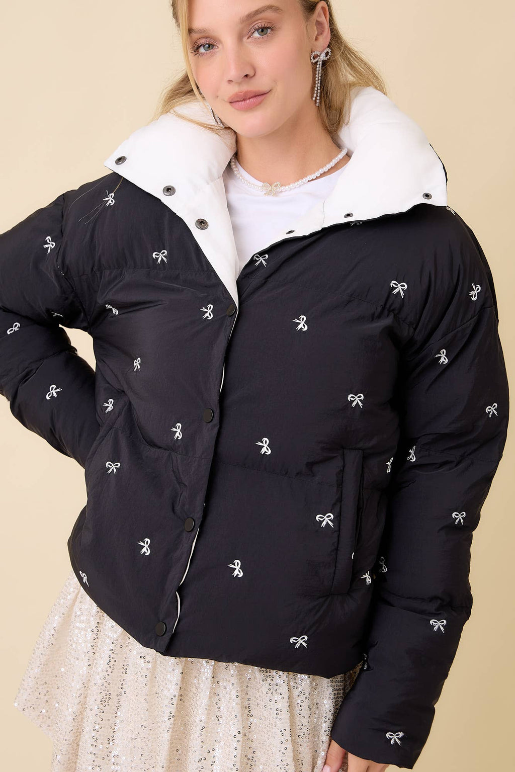 Black Bow Embroidered Puffer Jacket