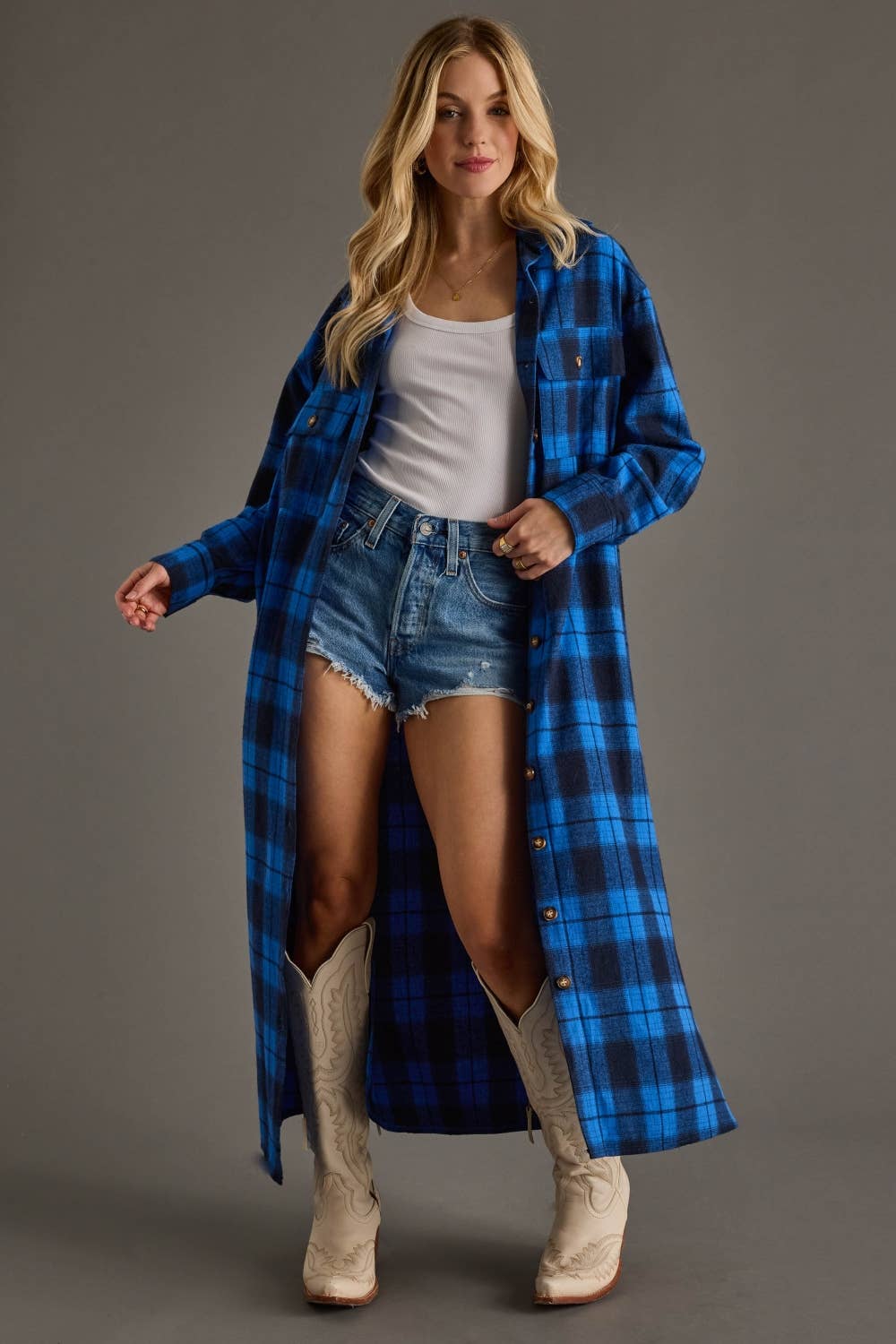 Blue & Black Plaid Long Shacket