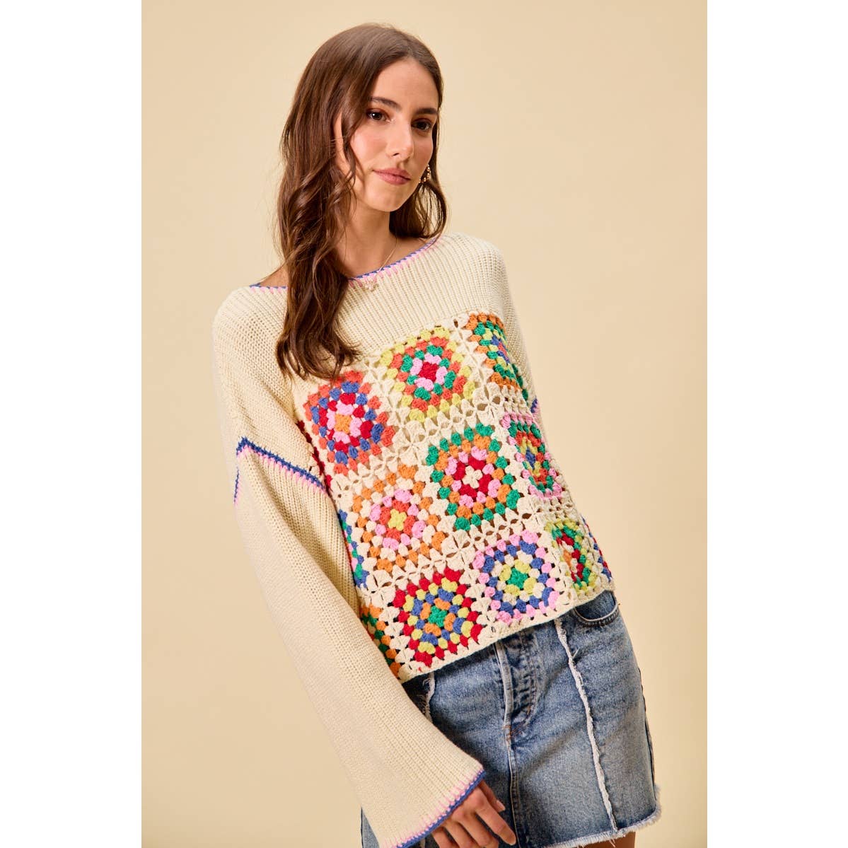 Multicolor Square Crochet Sweater Top
