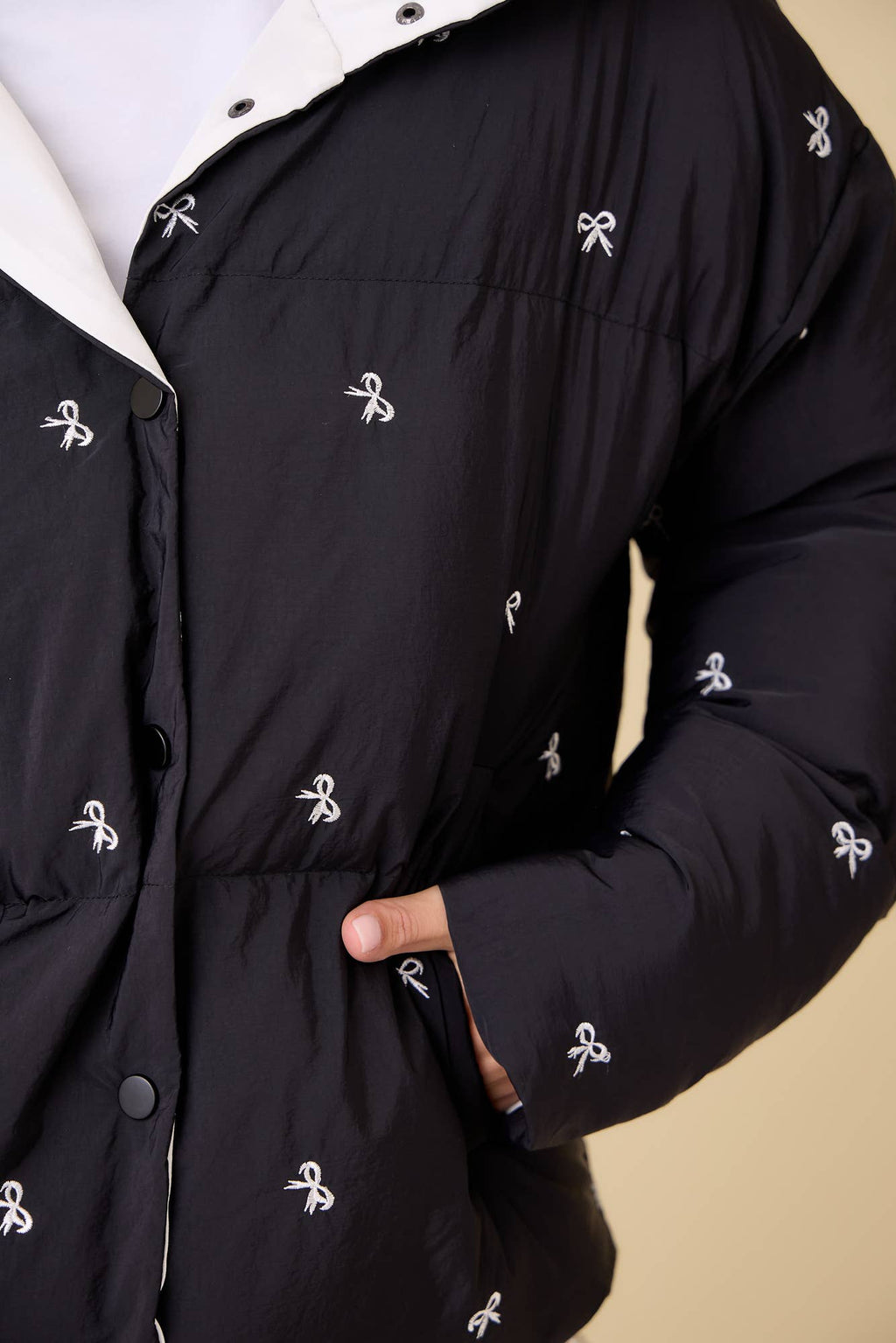 Black Bow Embroidered Puffer Jacket