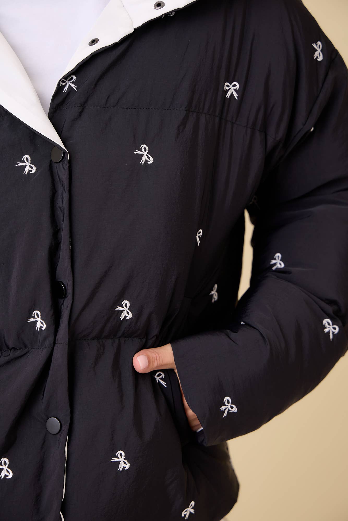 Black Bow Embroidered Puffer Jacket