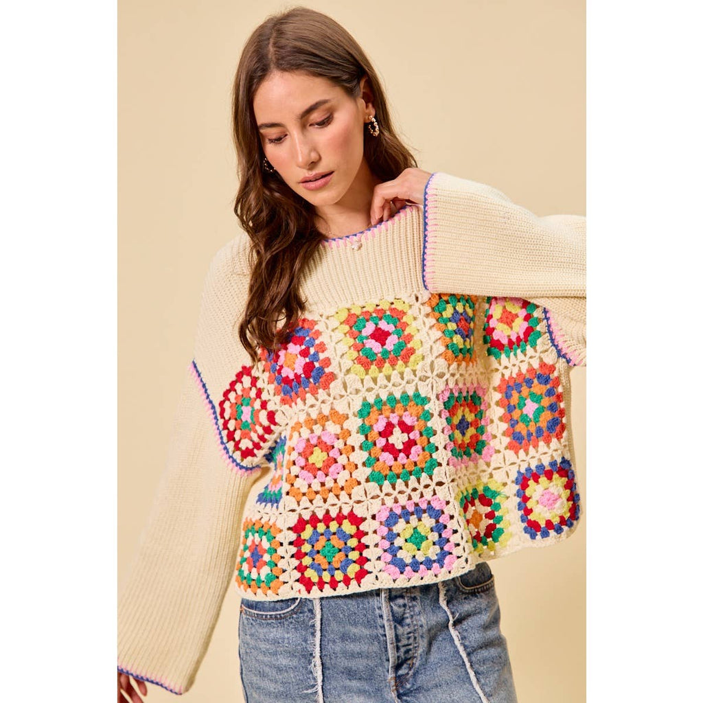 Multicolor Square Crochet Sweater Top