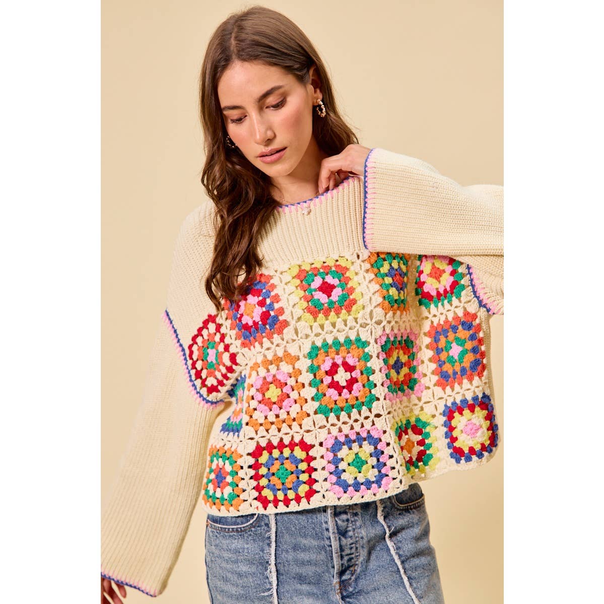 Multicolor Square Crochet Sweater Top