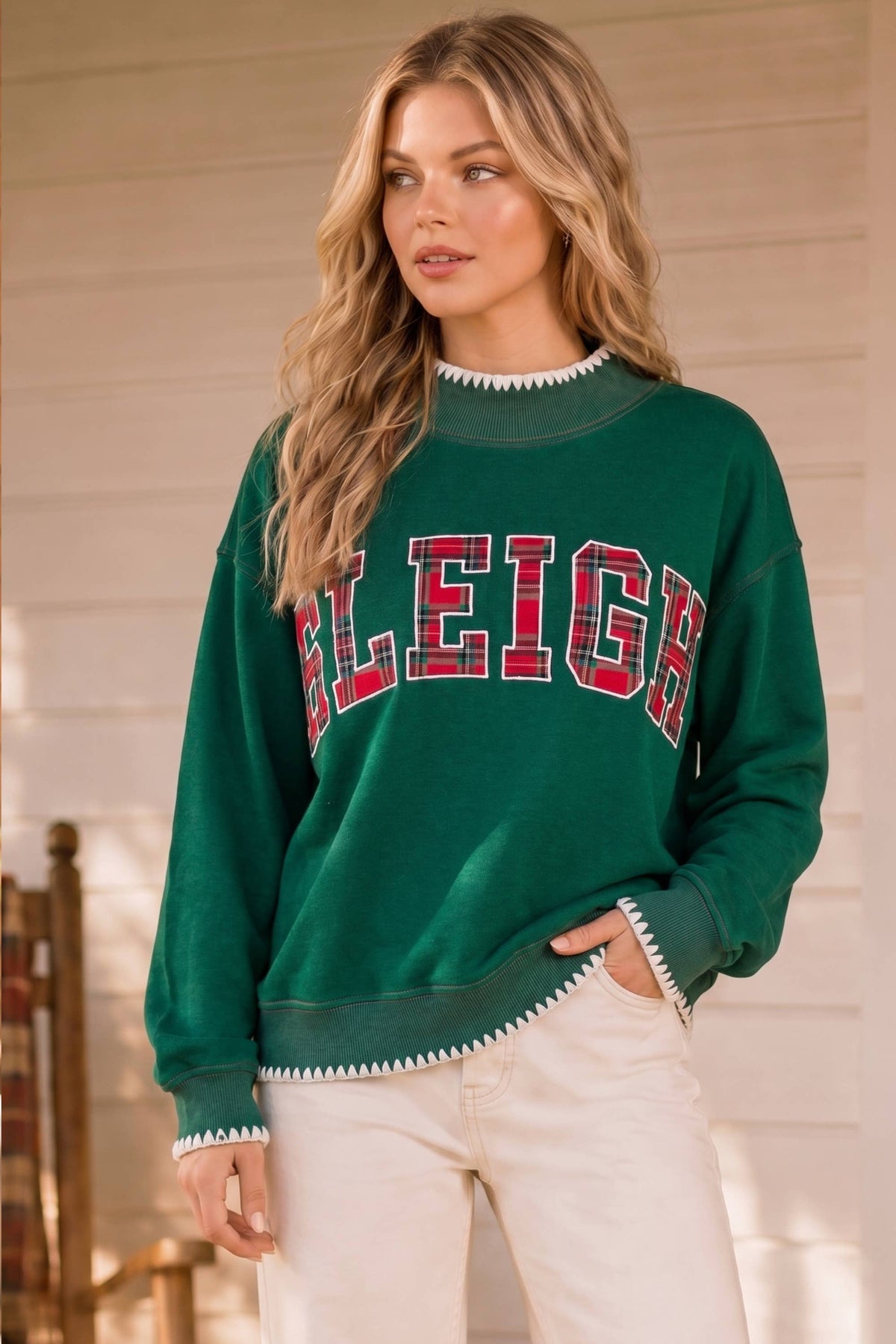 SLEIGH Plaid Appliqué Mock Neck Holiday Sweatshirt