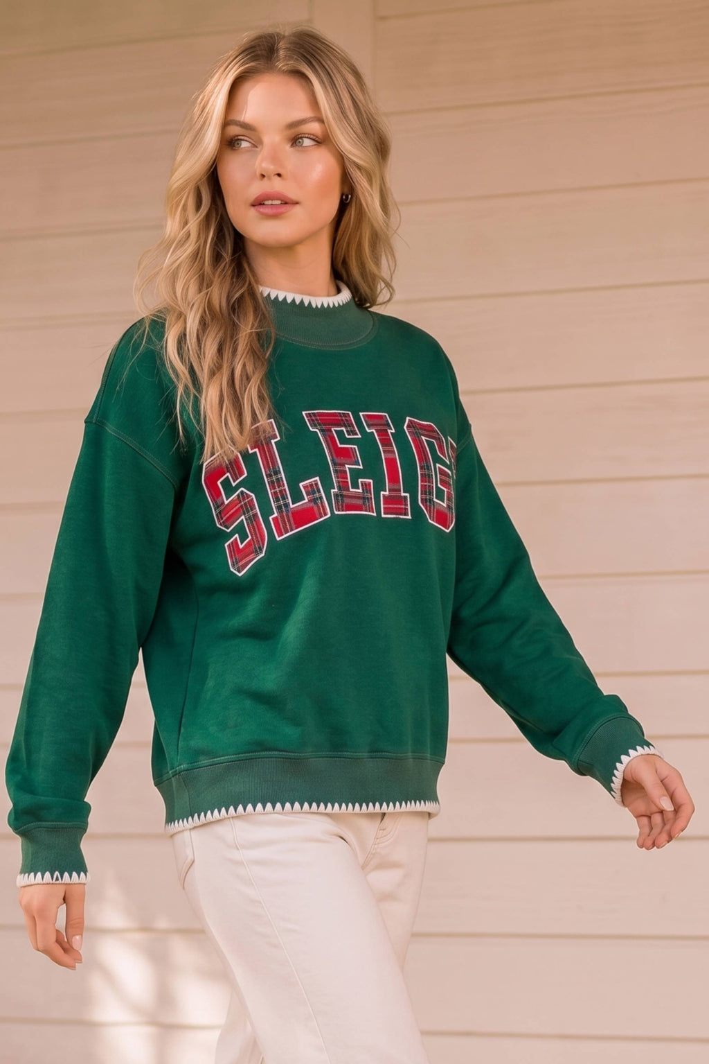 SLEIGH Plaid Appliqué Mock Neck Holiday Sweatshirt