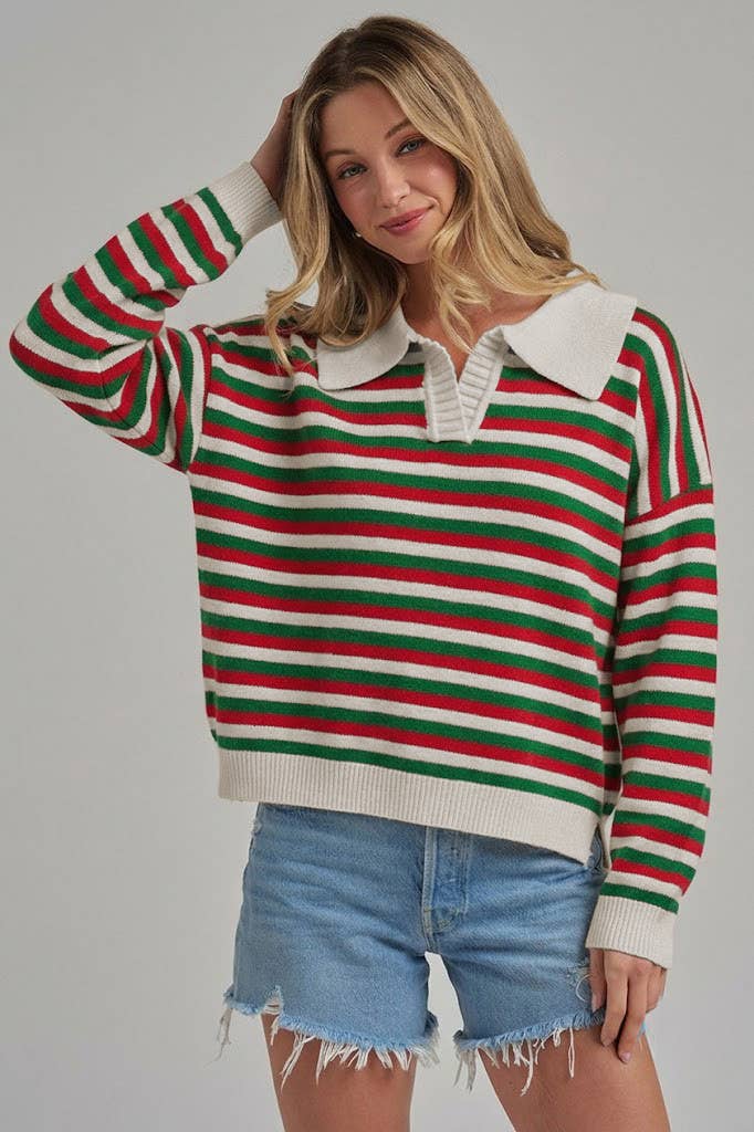 Retro Christmas Striped Collared Sweater