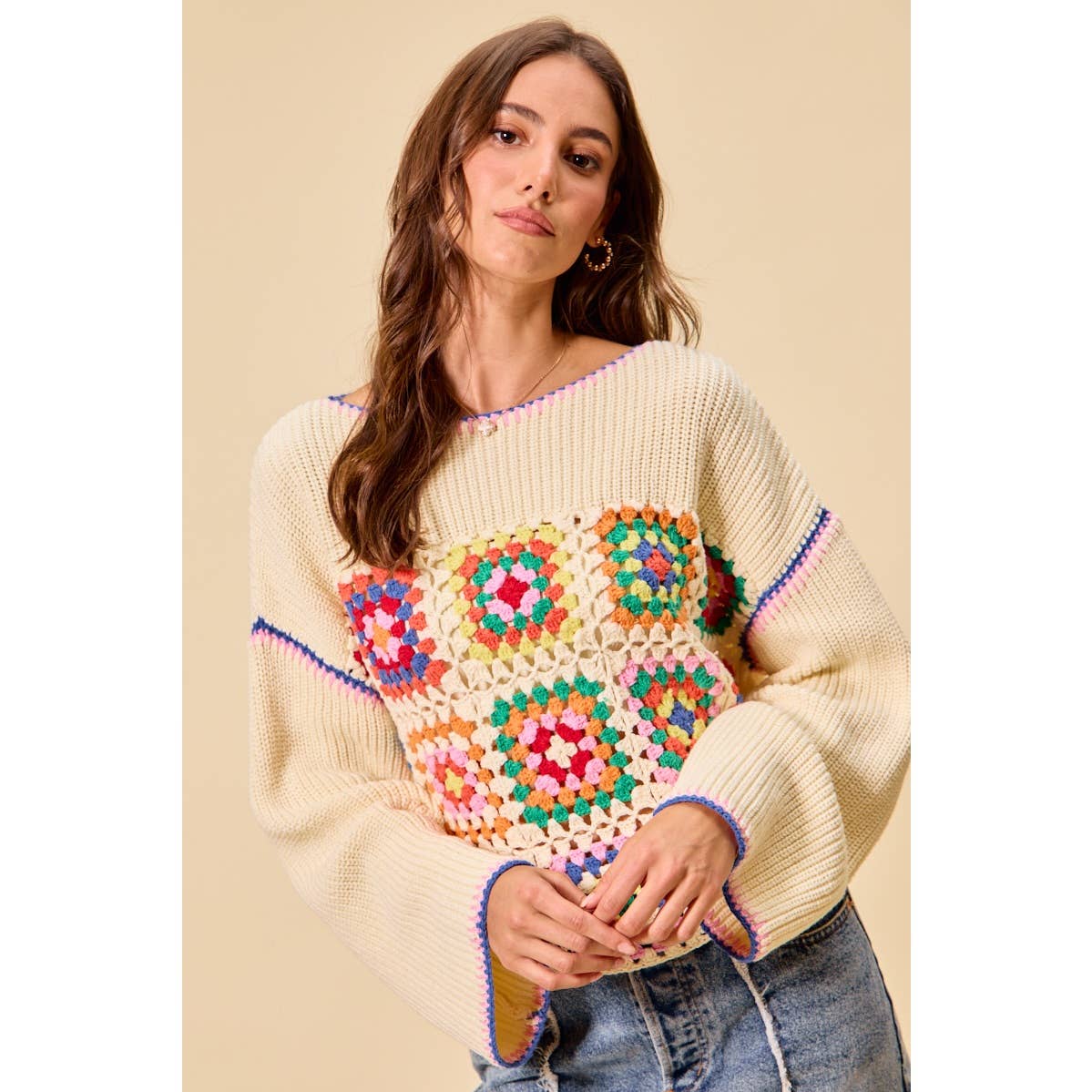 Multicolor Square Crochet Sweater Top