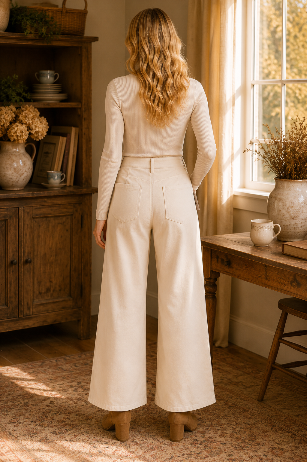 Drawstring Waist Wide Leg Cream Knit Pants
