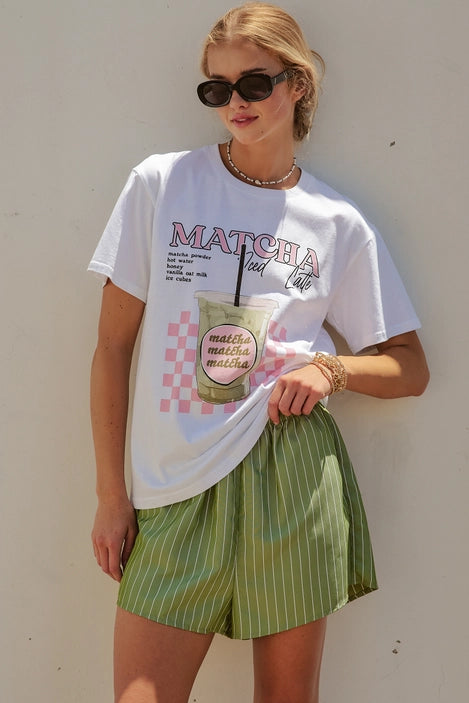 Matcha Iced Latte Graphic Tee & Striped Shorts Set