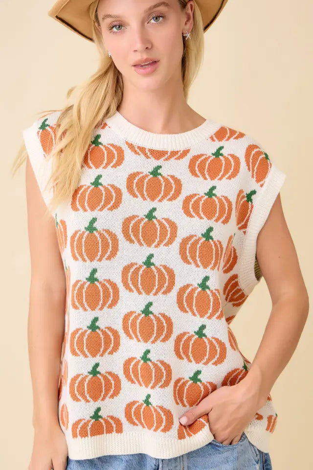 Pumpkin Print Sleevless Sweater Knit Top