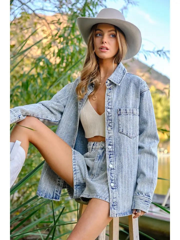 Luxury Sparkle Rhinestone Stripe Denim Jacket