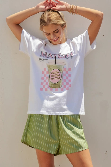 Matcha Iced Latte Graphic Tee & Striped Shorts Set