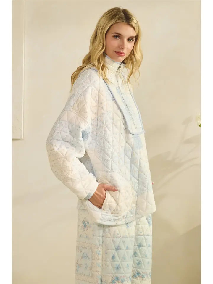 Blue Floral Quilted Quarter Zip Pullover