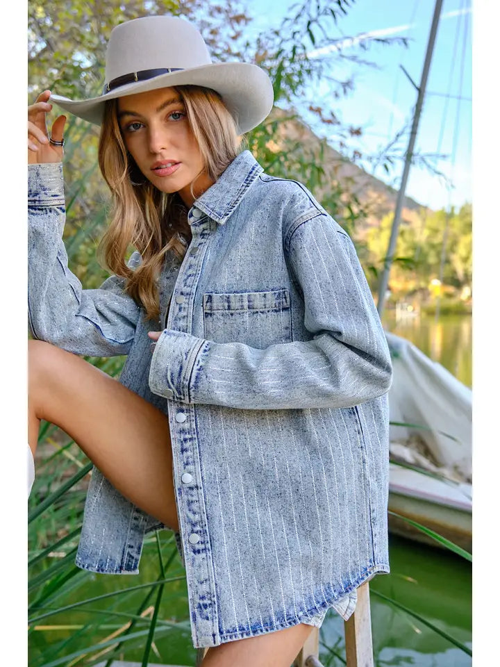 Luxury Sparkle Rhinestone Stripe Denim Jacket