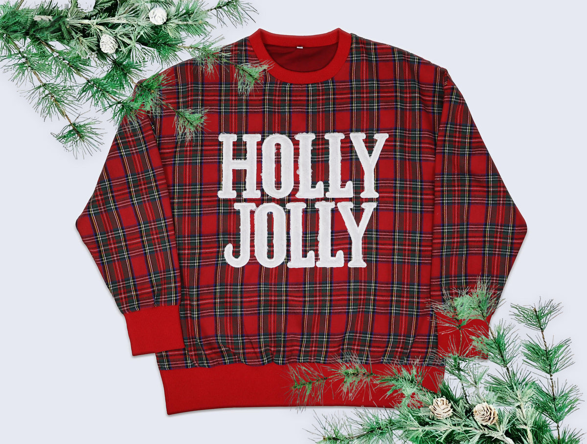 Ruby Red Plaid Holly Jolly Sequin Sweatshirt